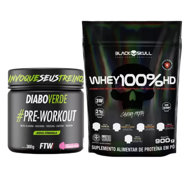 Combo Whey 3W 900g Black Skull e Pré-Treino Diabo Verde 300g - FTW