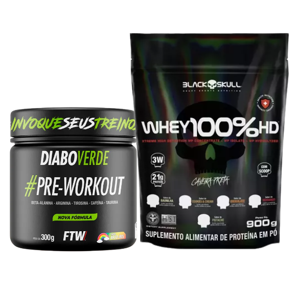 Combo Whey 3W 900g Black Skull e Pré-Treino Diabo Verde 300g - FTW