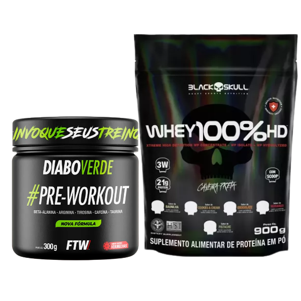 Combo Whey 3W 900g Black Skull e Pré-Treino Diabo Verde 300g - FTW