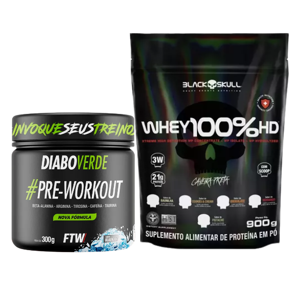 Combo Whey 3W 900g Black Skull e Pré-Treino Diabo Verde 300g - FTW