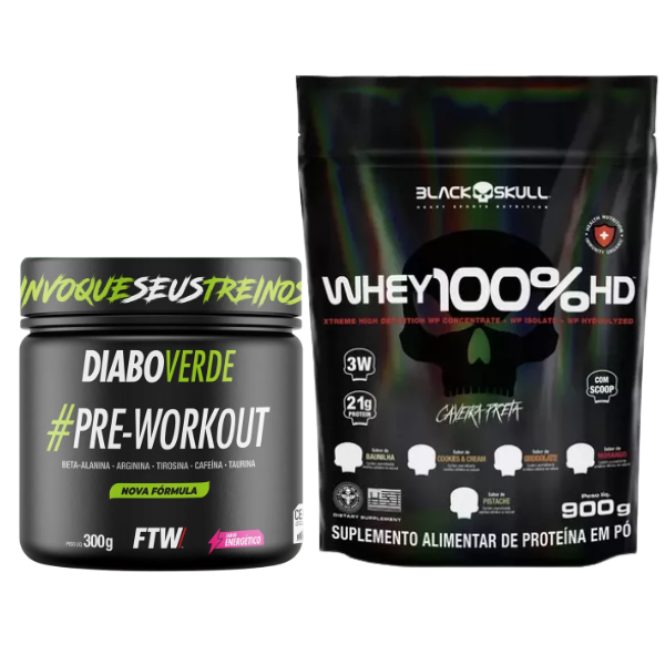 Combo Whey 3W 900g Black Skull e Pré-Treino Diabo Verde 300g - FTW