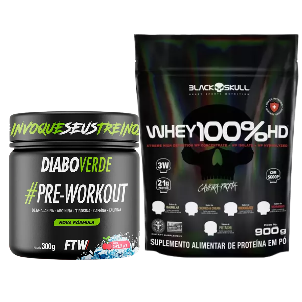 Combo Whey 3W 900g Black Skull e Pré-Treino Diabo Verde 300g - FTW