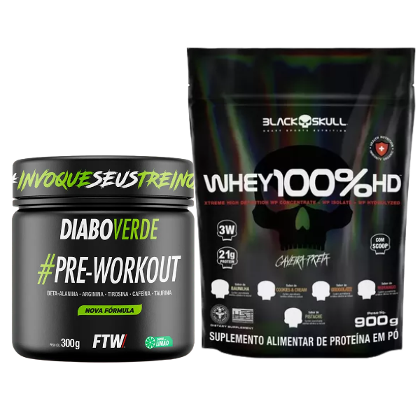 Combo Whey 3W 900g Black Skull e Pré-Treino Diabo Verde 300g - FTW