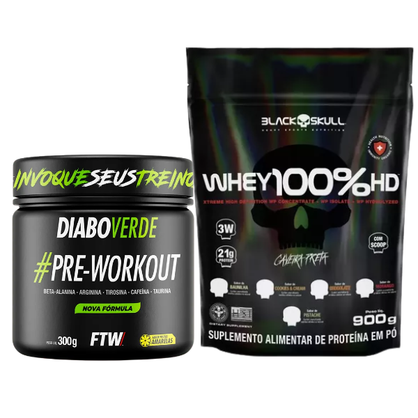 Combo Whey 3W 900g Black Skull e Pré-Treino Diabo Verde 300g - FTW